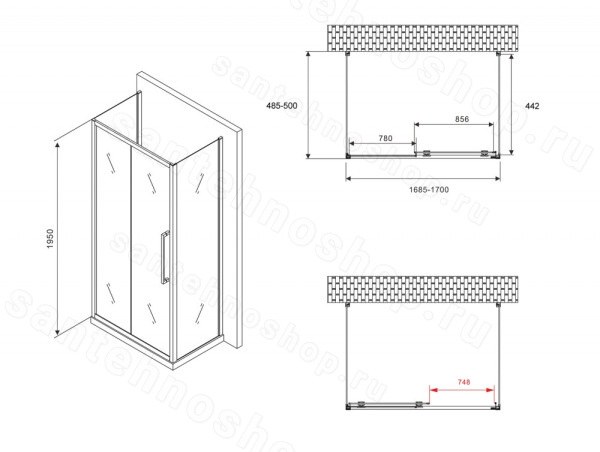 Душевой уголок Abber Schwarzer Diamant AG30170MH-S50M-S50M 170x50 раздв 170x50 раздвижной, профиль хром