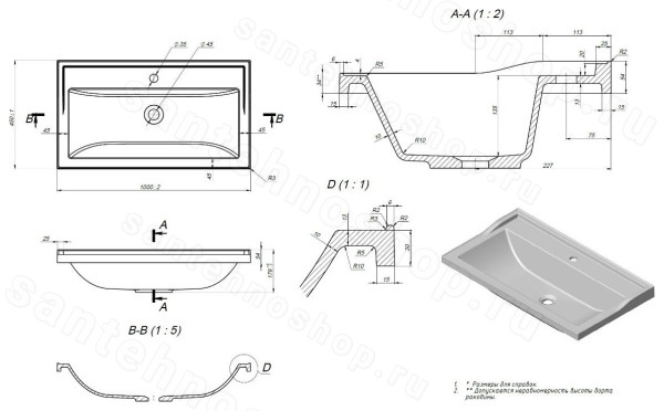 Раковина Uperwood Family 293020631 100x45, белая глянцевая 100x45, белая глянцевая