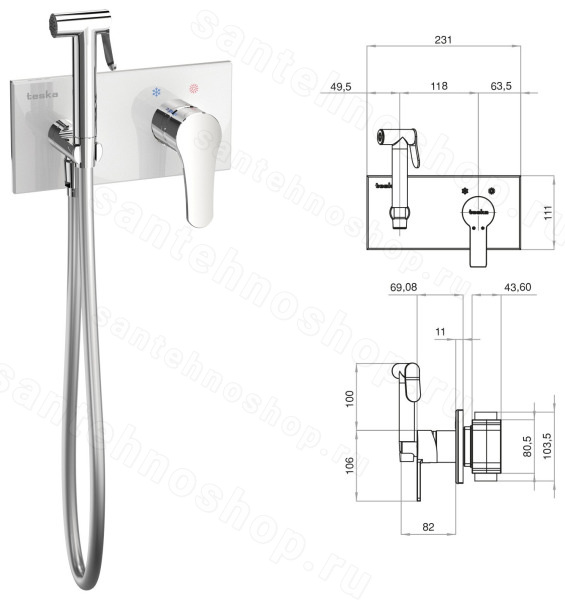 Гигиенический душ TESKA Elsa BTK6410W со смесителем, хром / белое стекло