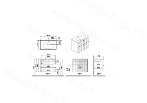Тумба с раковиной VitrA Root Groove 69438 76x45 подвесная, матовый серый