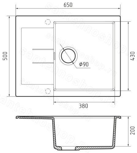 Кухонная мойка Rivelato LM-6550 Titanio 65x50 из кварцевого композита, темно-серый 65x50 из кварцевого композита, темно-серый