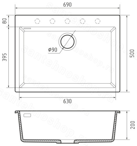 Кухонная мойка Rivelato ZN-6950 Nero profondo 69x50 из кварцевого композита, черный 69x50 из кварцевого композита, черный