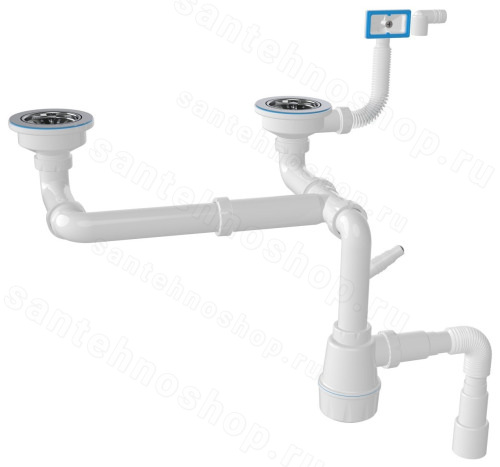 Сифон для двойной кухонной мойки с переливом Ceramicanova NV1197, белый
