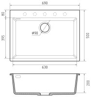Кухонная мойка Rivelato ZN-6950 Nero profondo 69x50 из кварцевого композита, черный