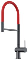 Смеситель для кухни OMOIKIRI Kanto 2 Plus-SB GM-R 4994460 с гибким изливом и подключением фильтра, вороненая сталь/красный